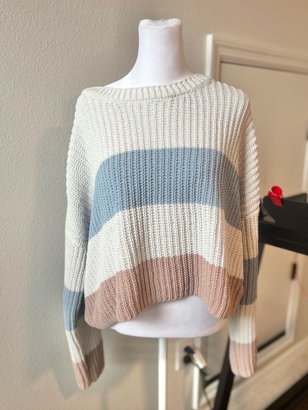 Neutral Striped Knit Sweater - Cream, Blue & Taupe